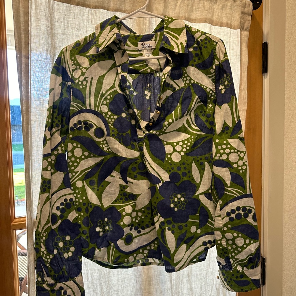 Lilly Pulitzer White Label Seaweed Blue Green Botanial Button Down
